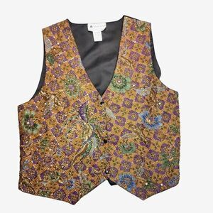 Vintage‎ Beaded Vest Floral Faux Pearls All Size Ana Mori Gold Bohemian Snap